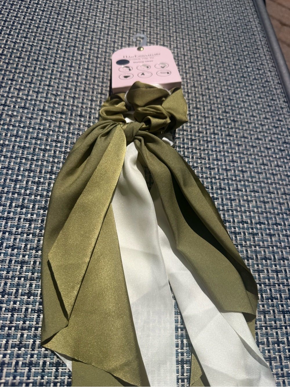 Essentials Olive and White Satin Bow Scrunchie with Long Tails